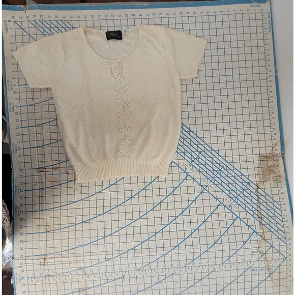Le Roy Vintage Rosette Open Knit Boat Neck Short Sleeve Lolita Sweater Blouse - Picture 5 of 11